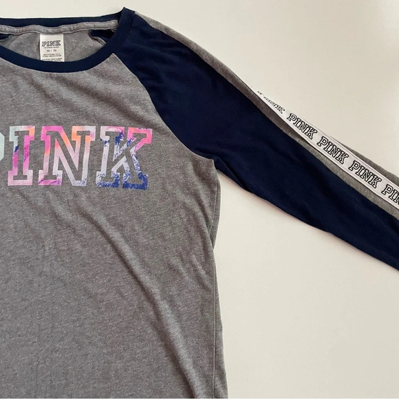 PINK Victoria’s Cotton 3/4 Sleeve Campus Baseball Varsity Gray Navy Blue Shirt - Picture 4 of 11